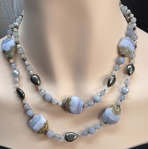 Chan Luu Blue Lace Agate Pyrite 35” Necklace Sterling Silver